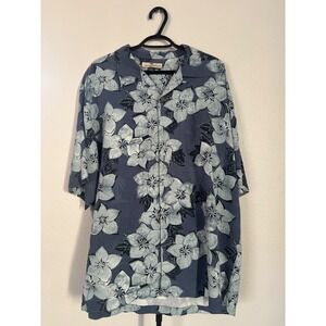 Tommy Bahama Mens XL Blue Silk Floral Hibiscus Camp Shirt Short Sleeve Button Up